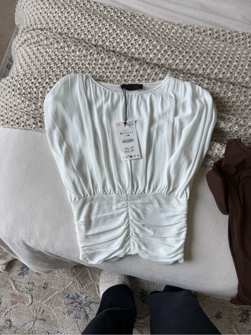Zara White Ruched Waist Short Sleeve Blouse